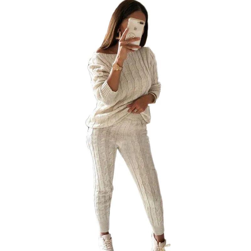 Women's Solid Color Knitted 2-Piece Set - Sweater Top & Pencil Pant - JVMCL