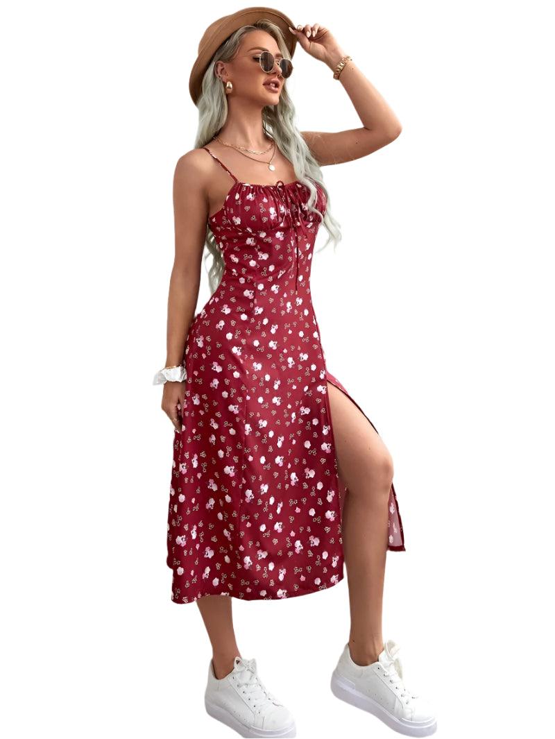 Elegant Floral Print Summer Split Dress - Slim Waist Spaghetti Strap Sheath Dress - JVMCL