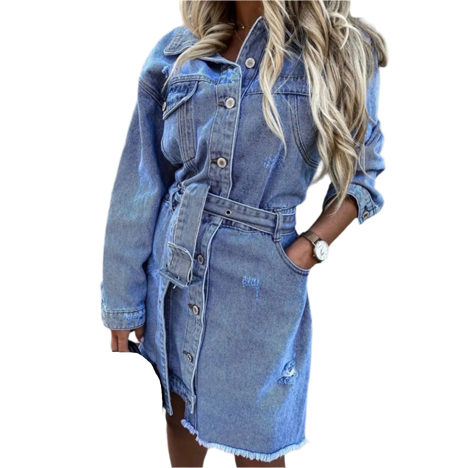 Slim-Fit  Casual Mid-Length Single-Breasted Stretch Denim Dress