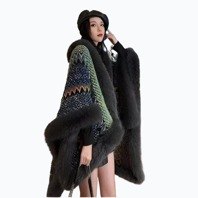 Bohemian Faux Silver Fox Fur Poncho – Knitted Wool Cloak & Luxury Shawl Wrap - JVMCL