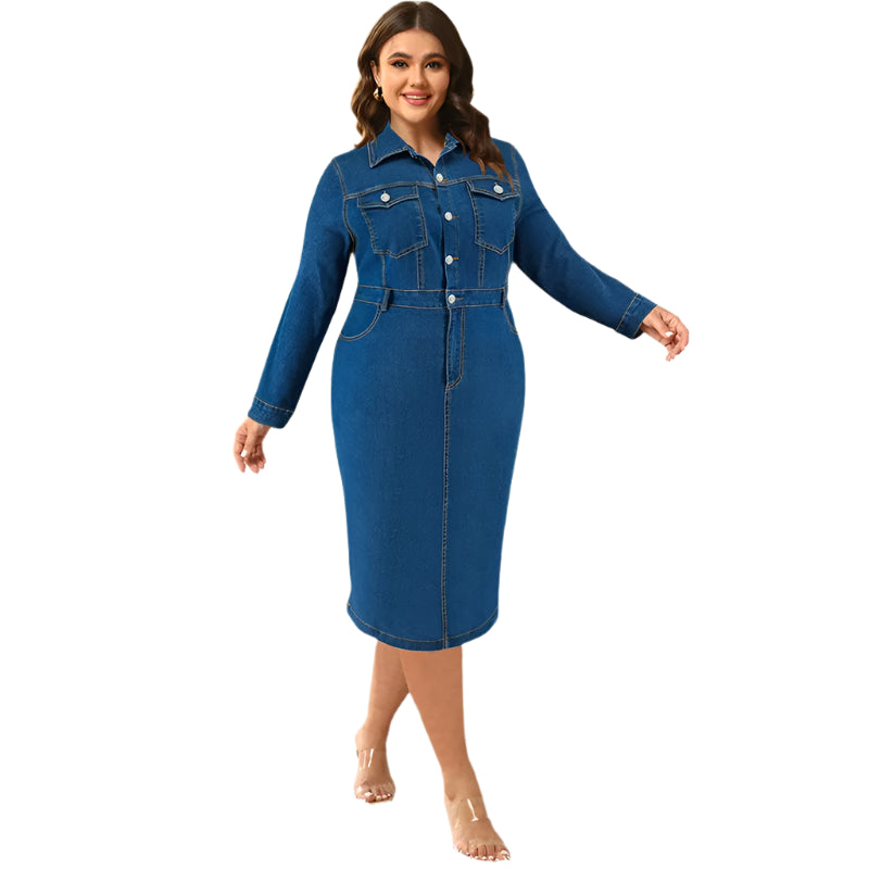 Winter Plus Size Button-Up Denim Dress – Long Sleeve Curvy Midi Jean Dress