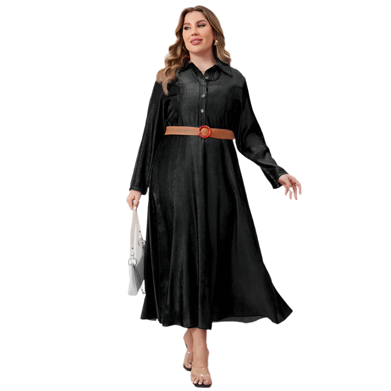 Plus Size Button-Up Long Sleeve Curvy Fit Jean Denim Women Dress