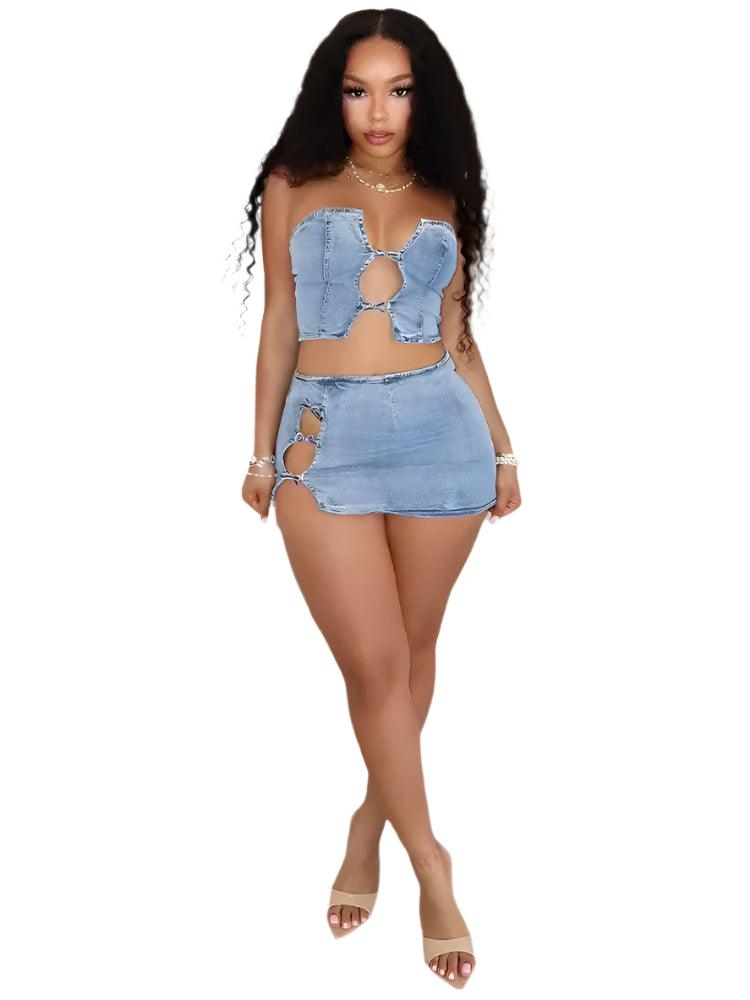 Women Set: Sleeveless Denim Strapless Tops and Mini Skirt Suits - JVMCL