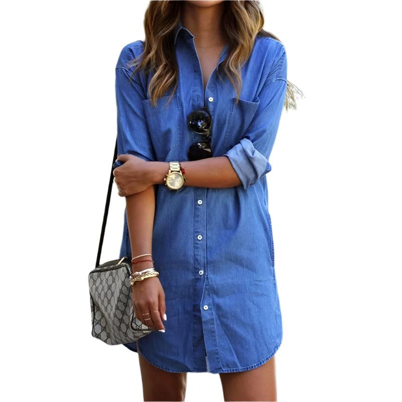 Casual Denim Shirt for Women - Solid Color Vintage Oversized Style - JVMCL