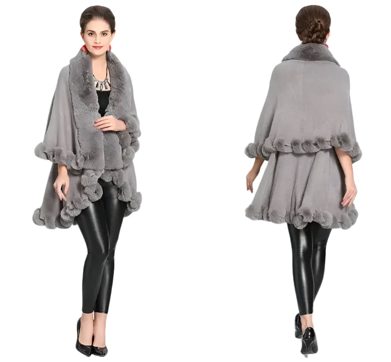 Women's Winter Knitted Poncho Cloak – Faux Rex Rabbit Fur Collar Pashmina Wrap