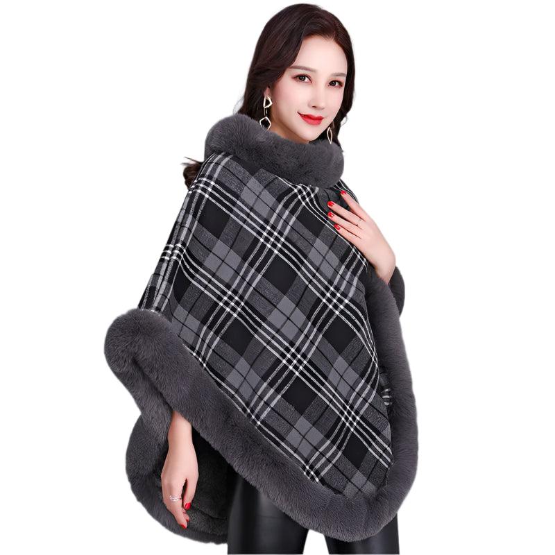 Party Outfit Grey Grid Winter Thick Warm Poncho with Faux Rabbit Fur Collar - JVMCL