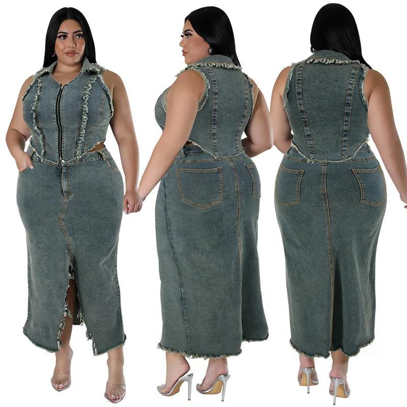 Stylish Design Plus Size Women Denim Jeans Skirt Two Pieces Set - JVMCL