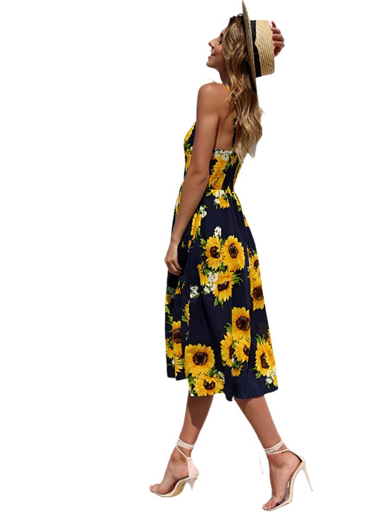 Elegance and Vintage Striped Floral Button-Up Boho Midi Sundress - JVMCL