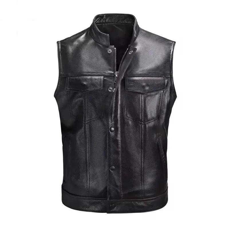 High-Quality Men's Motorcycle Rider Stand Collar Sleeveless Leather Jacket Vest - JVMCL