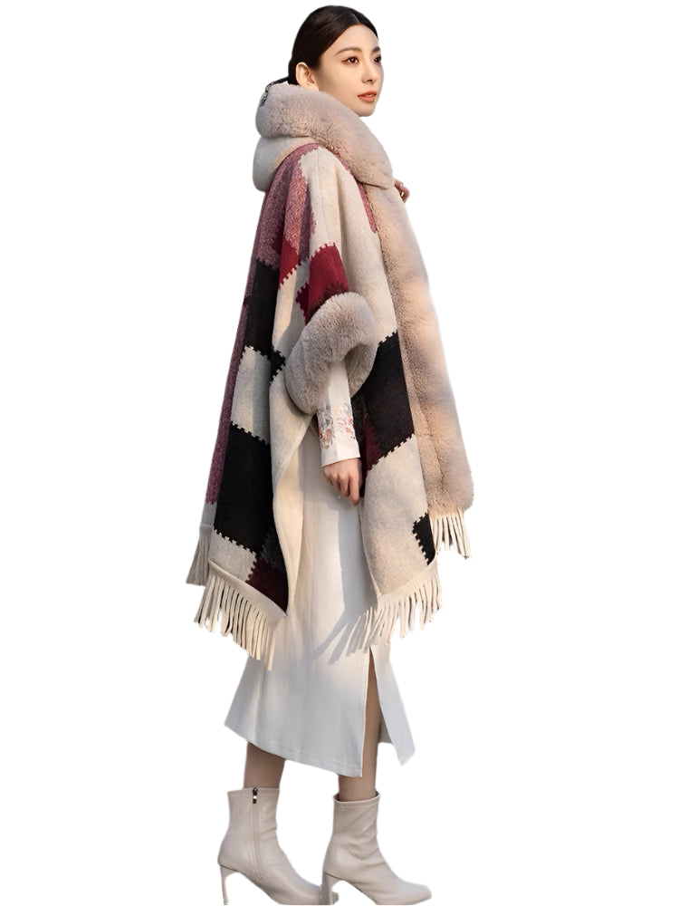 Luxury Women’s Faux Fur Wool Blend Cape Coat – Hooded Long Winter Cardigan Wrap - JVMCL