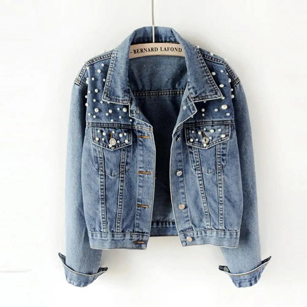 Autumn Fashion Women’s Denim Jacket - Pearl Decorated Loose Short Casual Cardigan - JVMCL