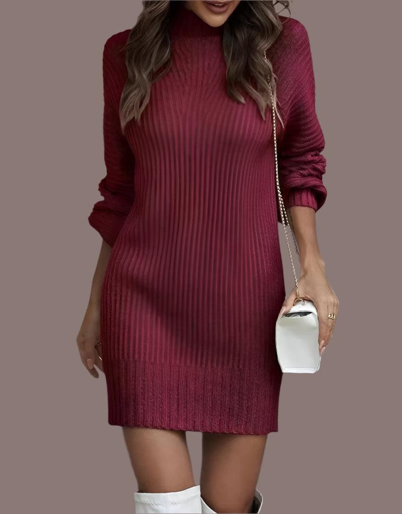 Elegant Solid Color Pit-stripe Turtleneck Long Sleeve Knitted Sweater Dresses - JVMCL