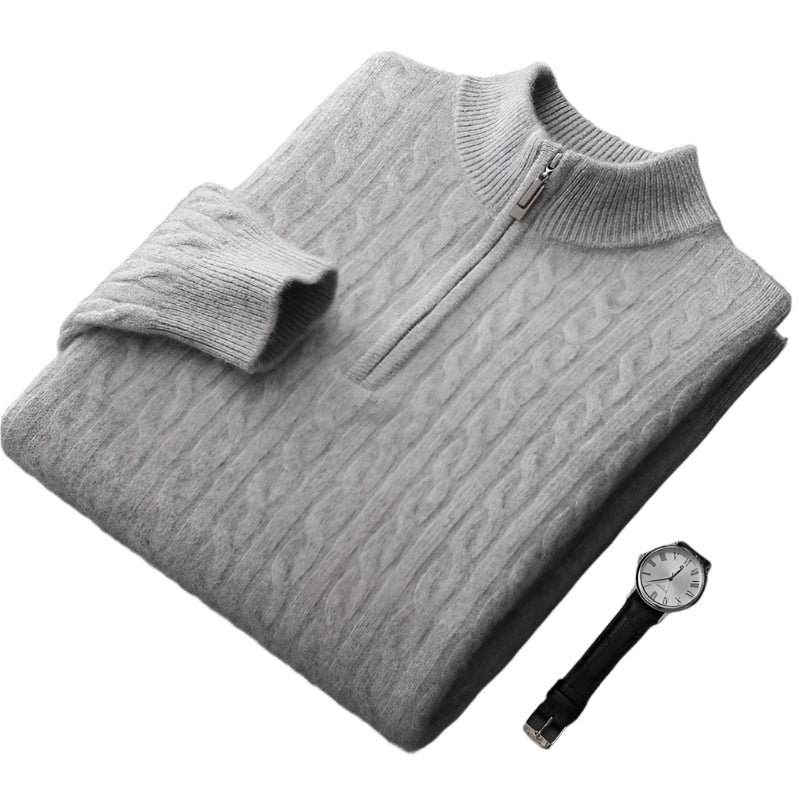 Thick Padded Knit Zipper Collar Pullover Men’s 100% Merino Cashmere Sweater - JVMCL