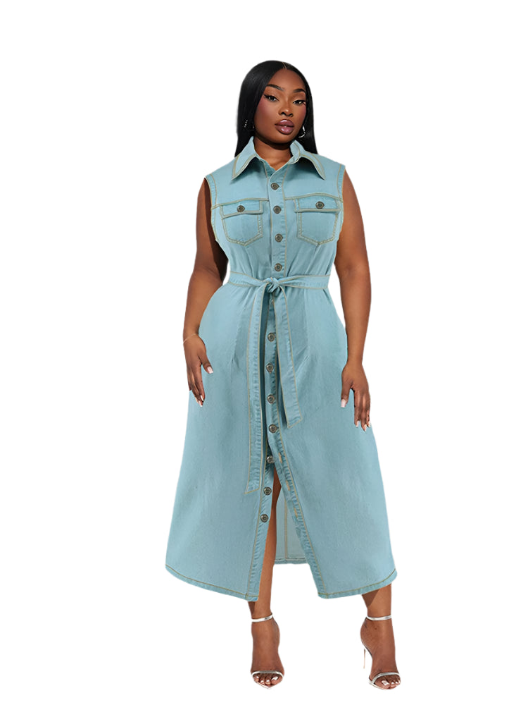 Elegant Chic Comfortable Sky Blue Sleeveless Denim Summer Fashion Maxi Dress