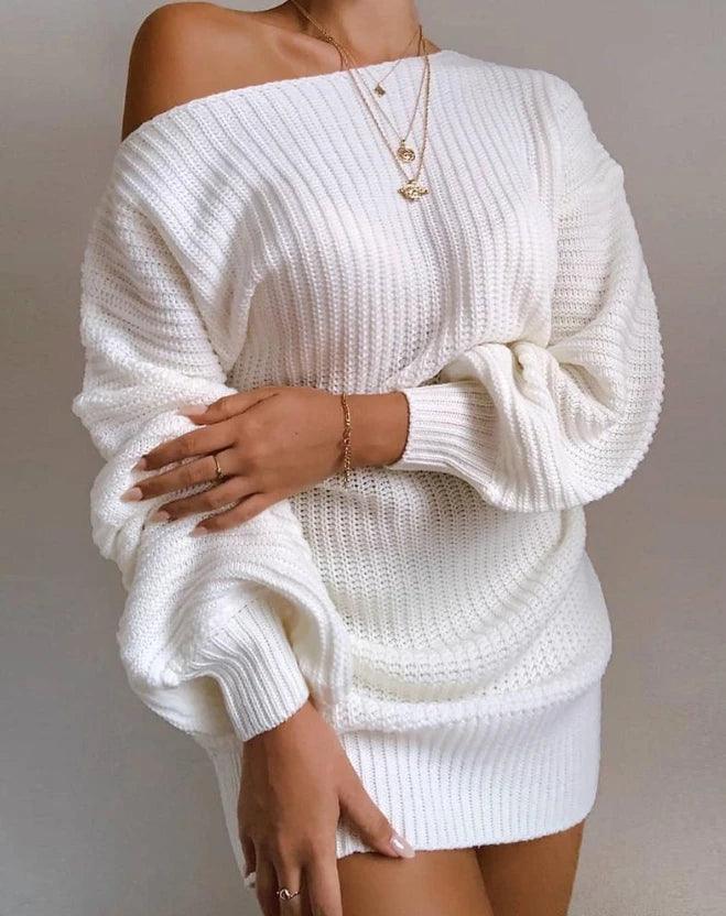 Women's Cold Shoulder Lantern Sleeve Mini Sweater Dress - Spring Fashion - JVMCL