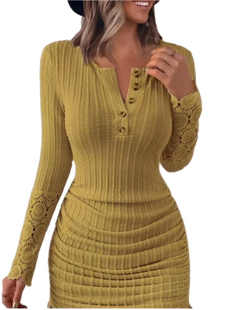 Fashion V-Neck Lace – Long Sleeve Knitted Hip Wrap Bodycon Midi Dress for Women - JVMCL