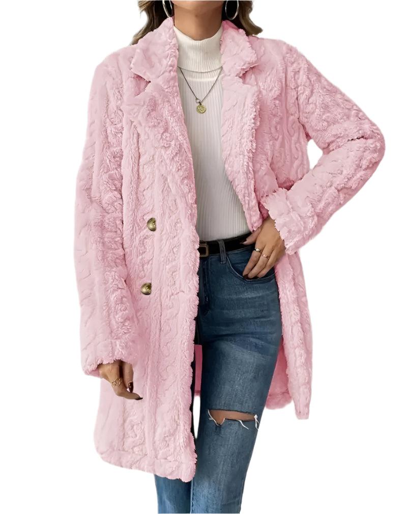 Women's Casual Double-Breasted Wool Coat – Warm Coral Velvet Long Jacket - JVMCL