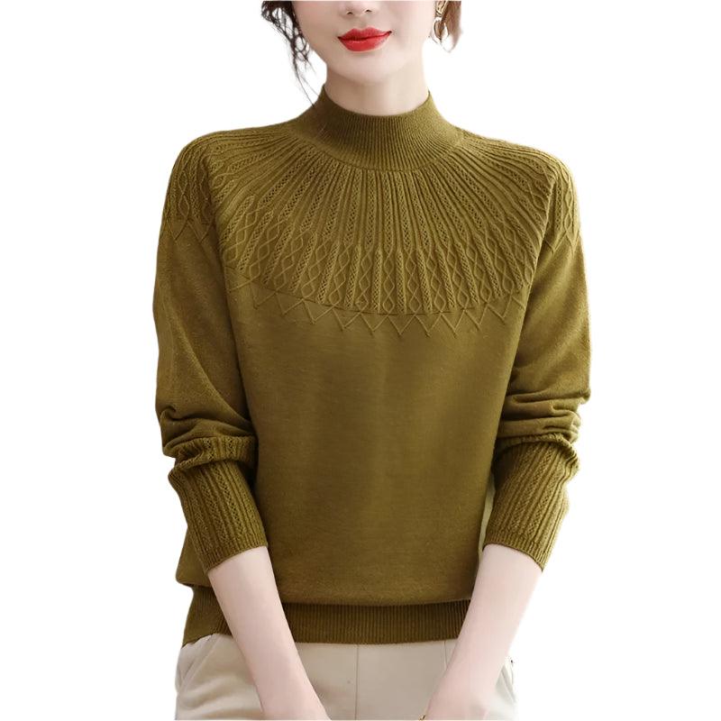 Women's Solid Half-High Collar Cashmere Sweater – Loose Knit Wool Casual Top - JVMCL