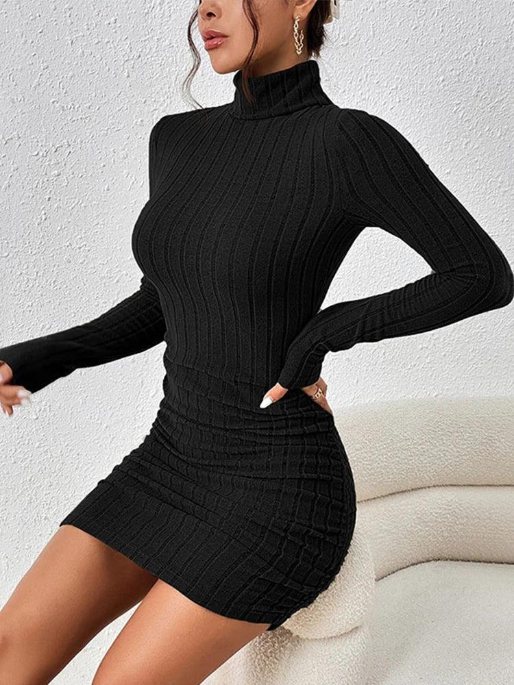 Sexy Slim-Fit Long Sleeve High Street Knitted Turtleneck Bodycon Mini Dress - JVMCL