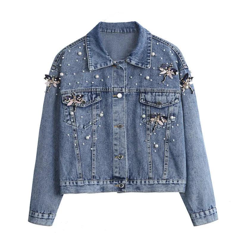 Women's Elegant Pearl Denim Coat – Loose Casual Autumn Work Jacket