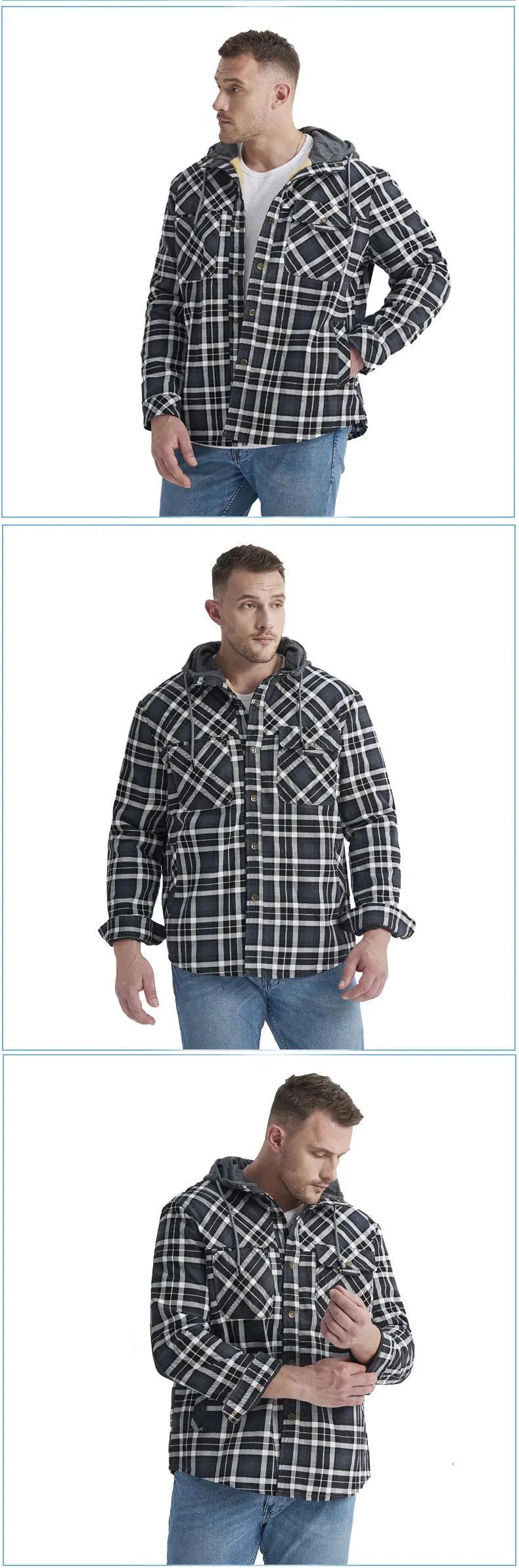 American Cross-Border Men's Plaid Hooded Winter Jacket - JVMCL