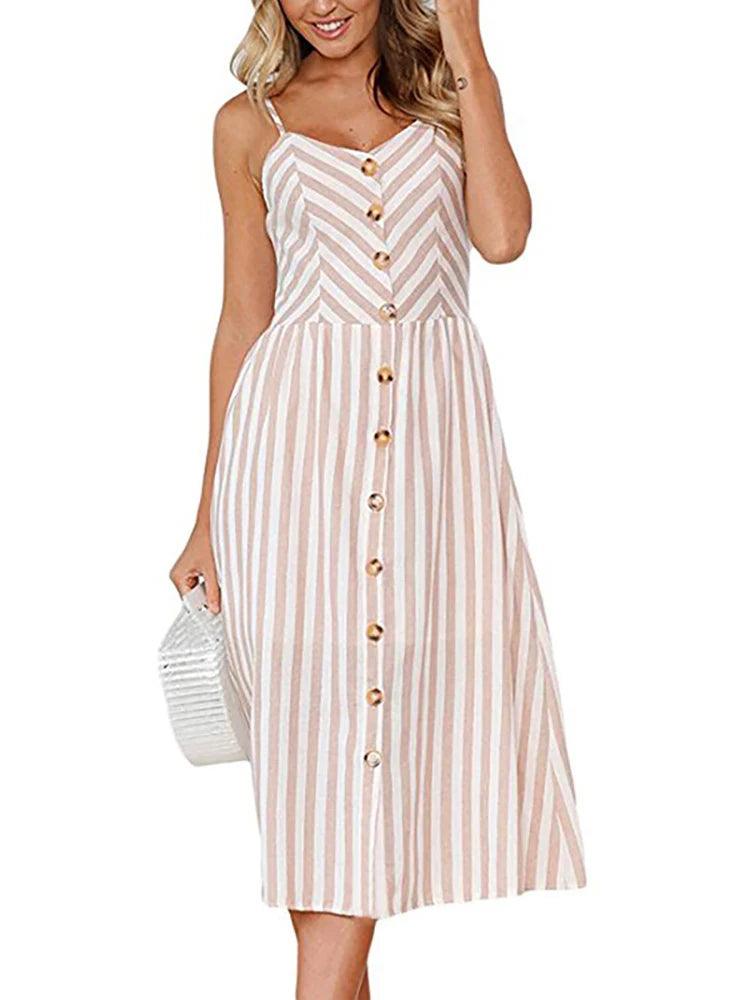 Elegance and Vintage Striped Floral Button-Up Boho Midi Sundress - JVMCL