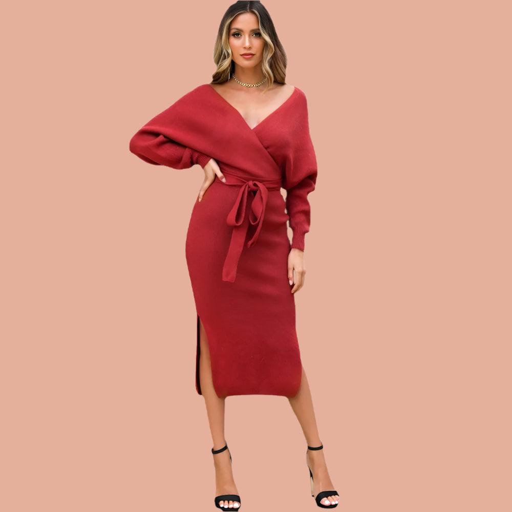 Cross-Border Fashion Lace-Up Knitted Dress – Sexy Slim Fit V-Neck Midi Sweater Dress for Women - JVMCL