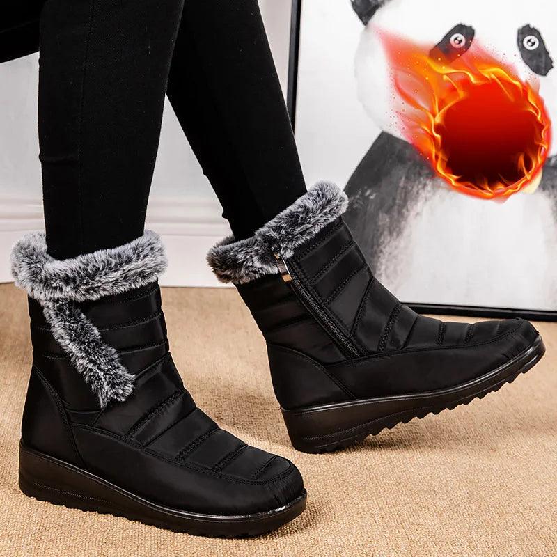 Women's Mid-Calf Snow Boots – Plush-Lined Platform Winter Boots with Down Upper - JVMCL