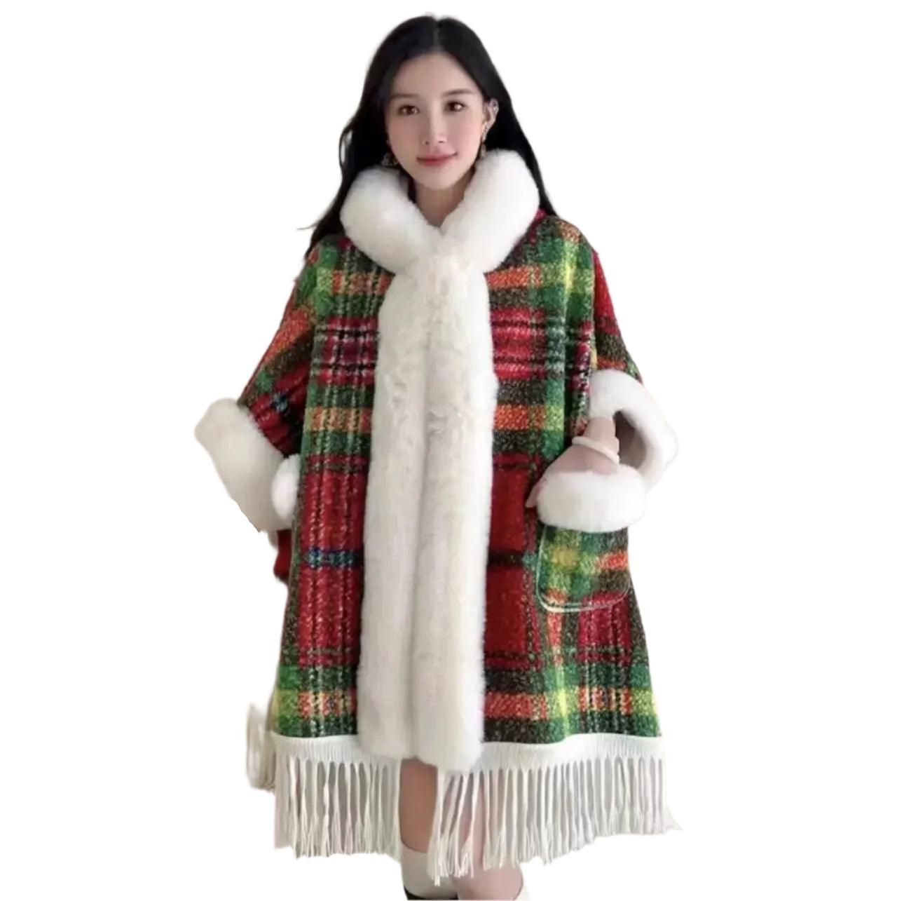 Hooded Overcoat Plaid Faux Lamb Fur Women’s Long Thick Velvet Poncho Cloak - JVMCL