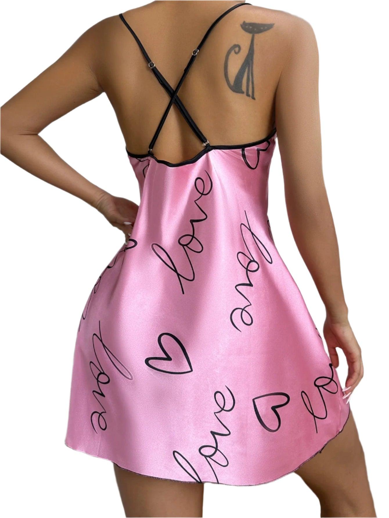 Heart Print Criss-Cross Back Nightdress - Elegant Scoop Neck Sleepwear - JVMCL