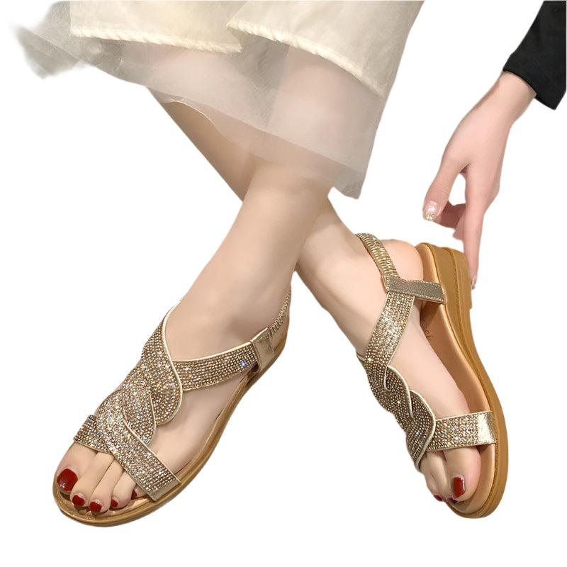 Fashion Flat Round Toe Heel Diamond Decoration Slip on Size 35-40 Women Sandals - JVMCL