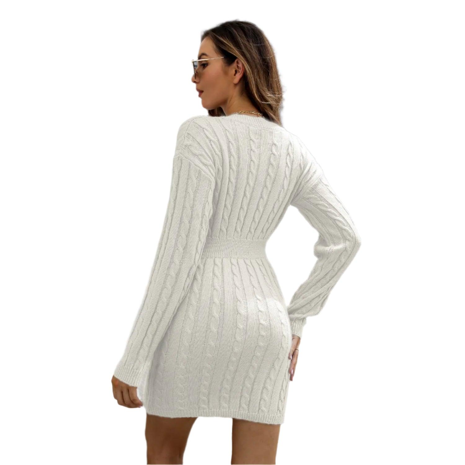 Knitted Solid Color V-neck Long-Sleeved Twist Waist Hip-Covering Sweater Dress - JVMCL