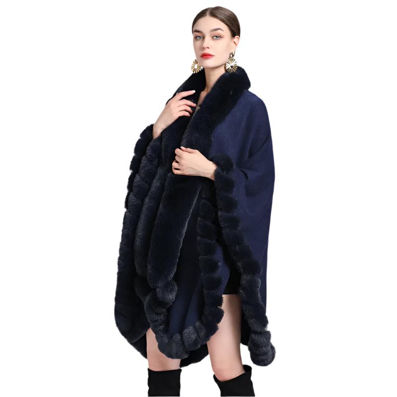 Women's Winter Thicken Shawl - Faux Rabbit Fur Long Poncho Cape Cloak - JVMCL