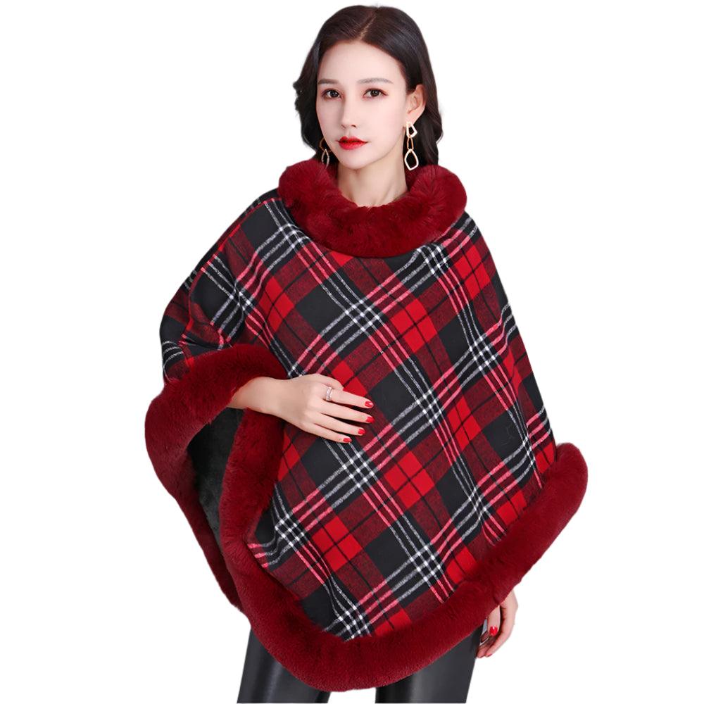 Party Outfit Grey Grid Winter Thick Warm Poncho with Faux Rabbit Fur Collar - JVMCL