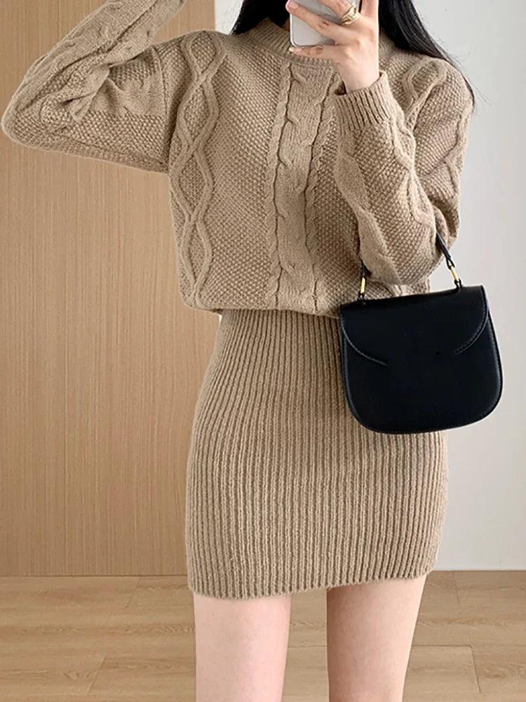 Ribbed Pullover Bodycon Batwing Sleeve Two-Piece Dress - JVMCL