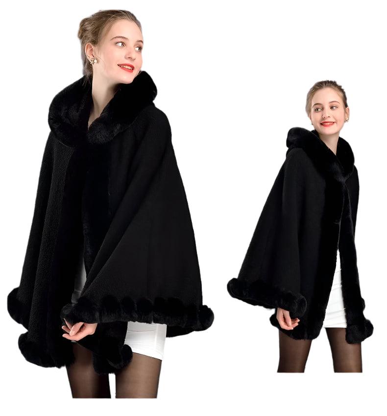 Luxury Winter Rabbit Fur Collar Poncho Cape – Elegant & Cozy Outstreet Mantle - JVMCL