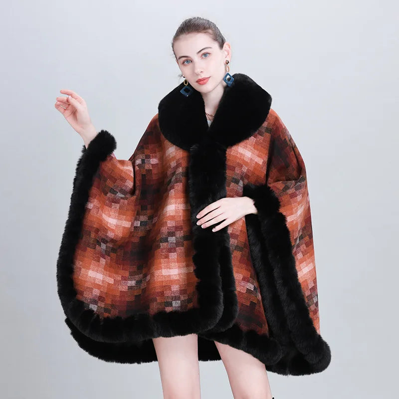 Women's Thicken Lining Woolen Faux Rabbit Fur Cloak Overcoat - Vintage Winter Cape - JVMCL