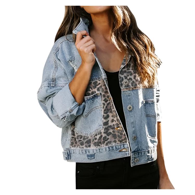 Trendy Patchwork Design Women's Leopard Stitching Comfortable Denim Jacket - JVMCL