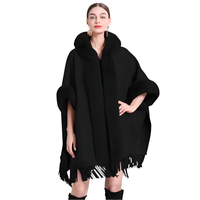 Luxury Women’s Faux Fur Wool Blend Cape Coat – Hooded Long Winter Cardigan Wrap - JVMCL