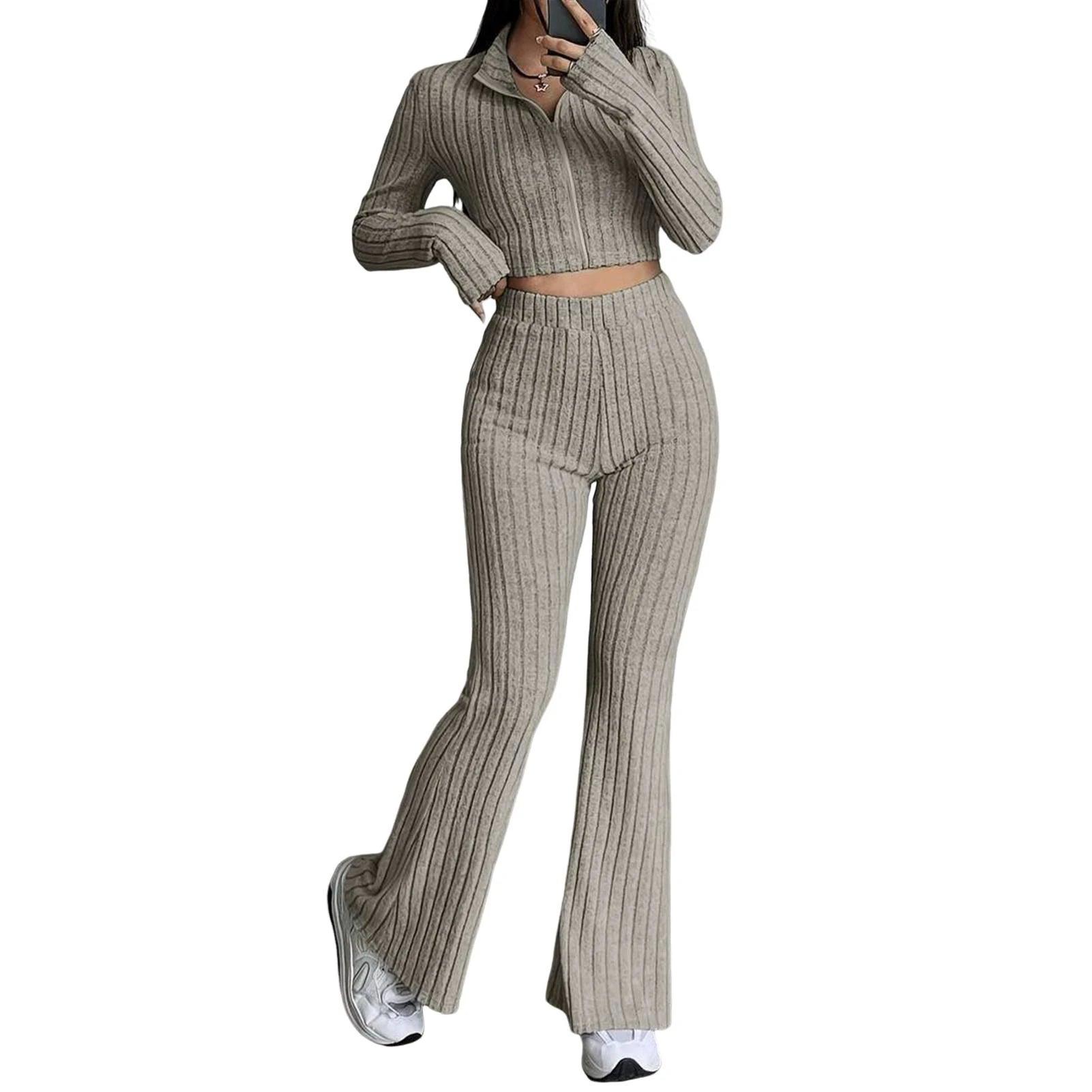 2 Pcs/Set Knitted Cozy andStylish Elegant Half-High Collar & Flare Pants Set - JVMCL