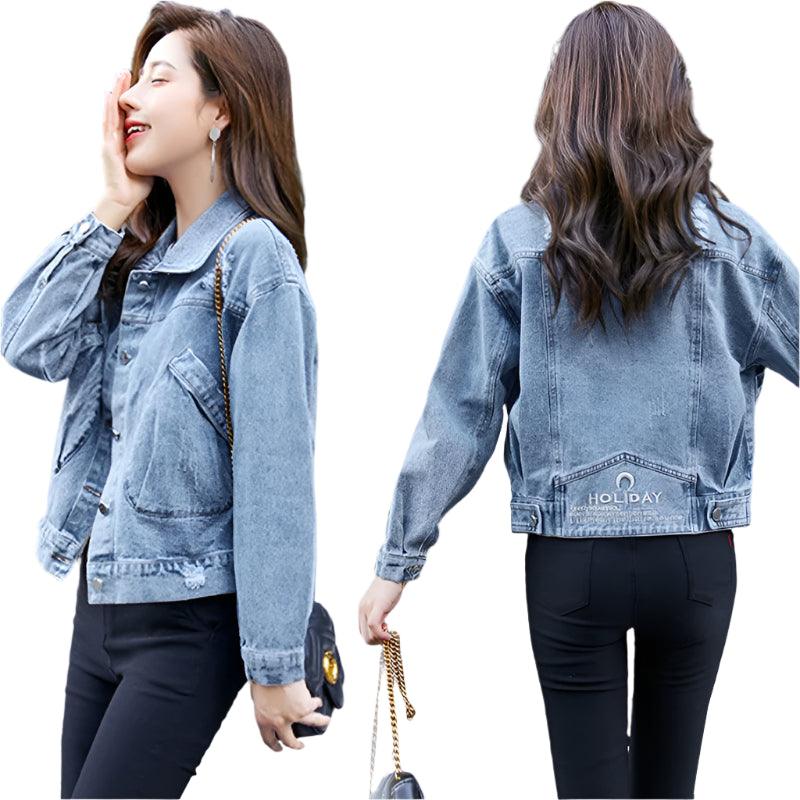 New Denim Jacket for Women - Large Size Short Coat with Beaded Detailing - JVMCL