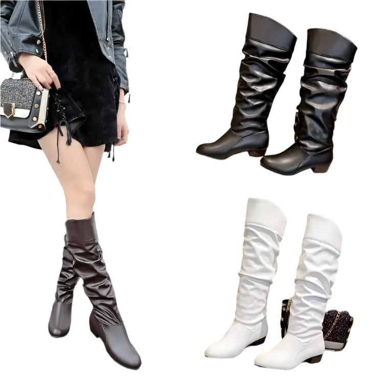 Women’s Knee-High Leather Boots – Stylish Pleated Tall Boots for Winter - JVMCL