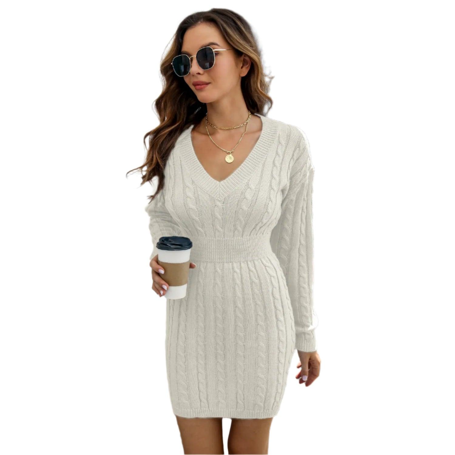 Knitted Solid Color V-neck Long-Sleeved Twist Waist Hip-Covering Sweater Dress - JVMCL