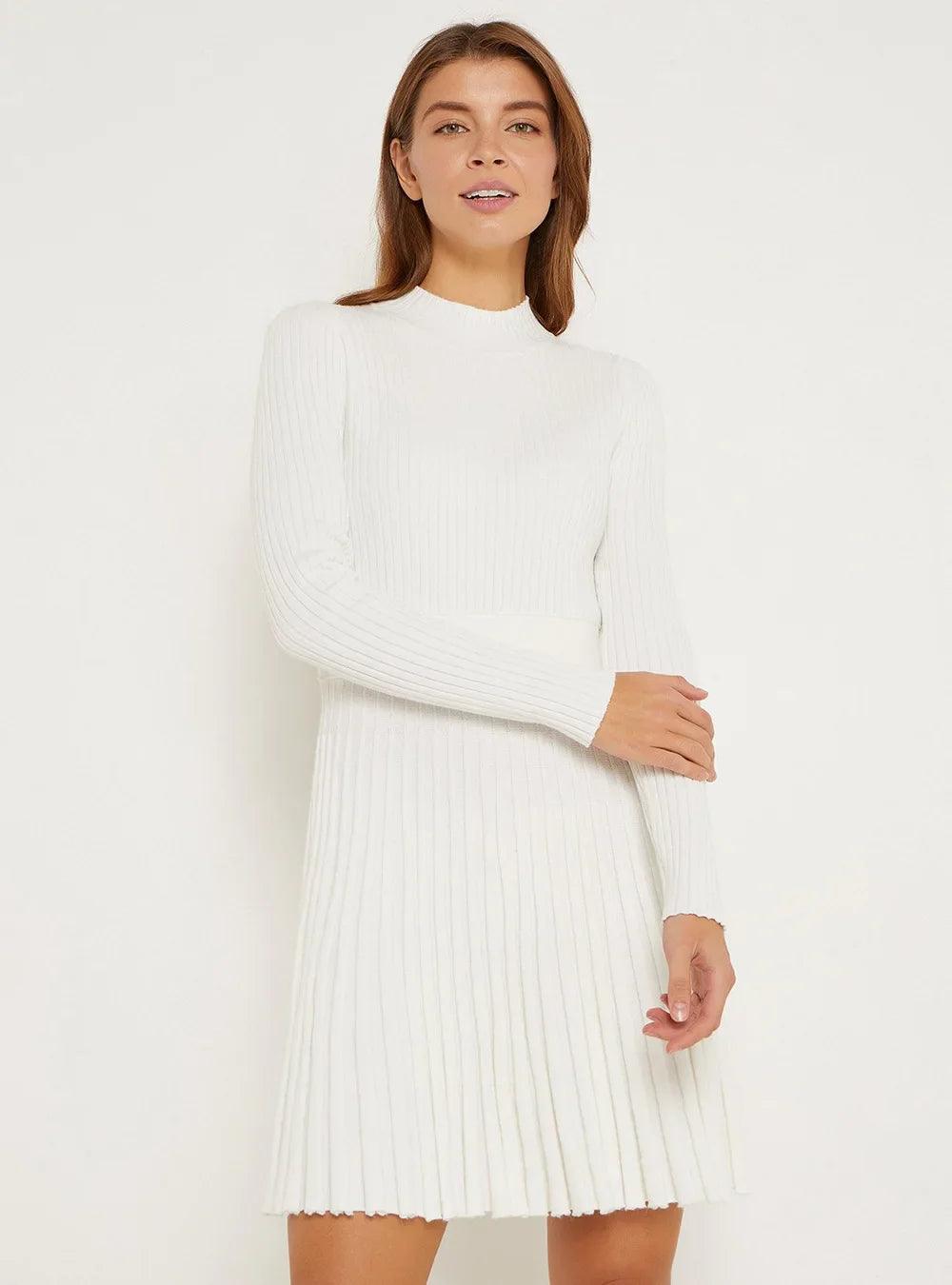 Turtleneck Knit Ruffled Mini Elegant High Waist Ribbed Skinny Knitwear Dress - JVMCL