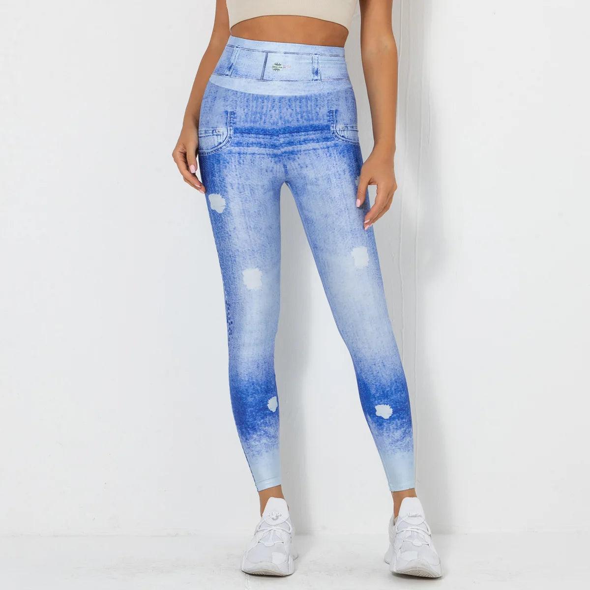 Stylish & Sporty Fitness Light Denim Print High-Waist Push-Up Leggings Trousers - JVMCL