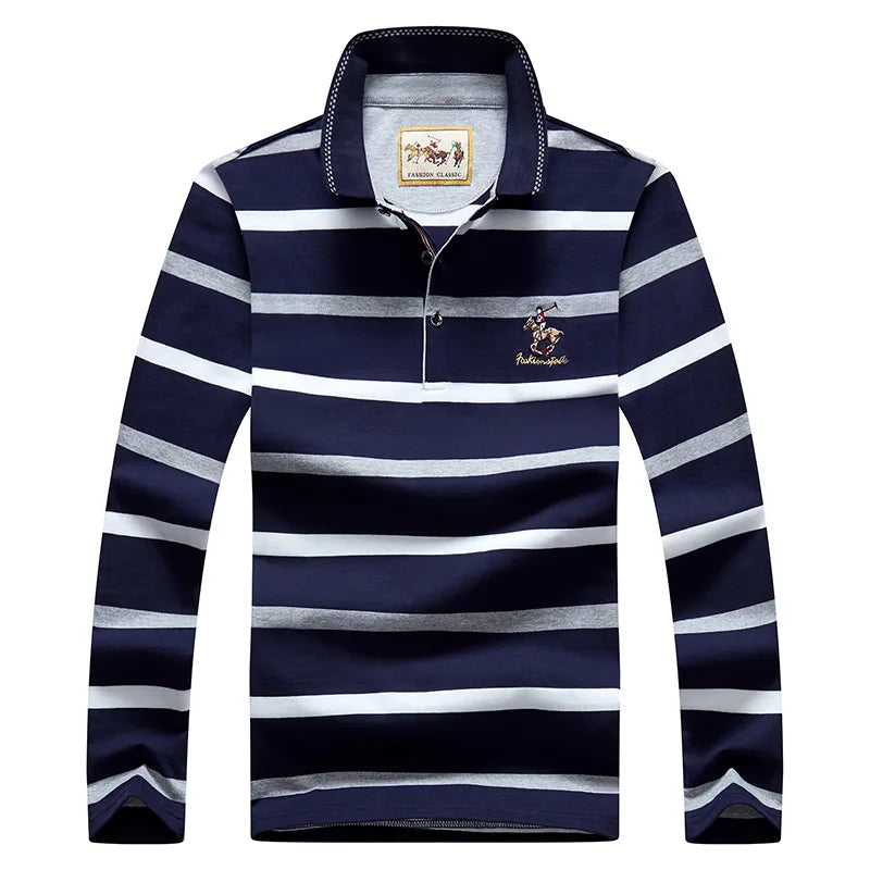 Men’s Cotton Long-Sleeve Striped Polo Shirt – Casual Business Fashion Sweater