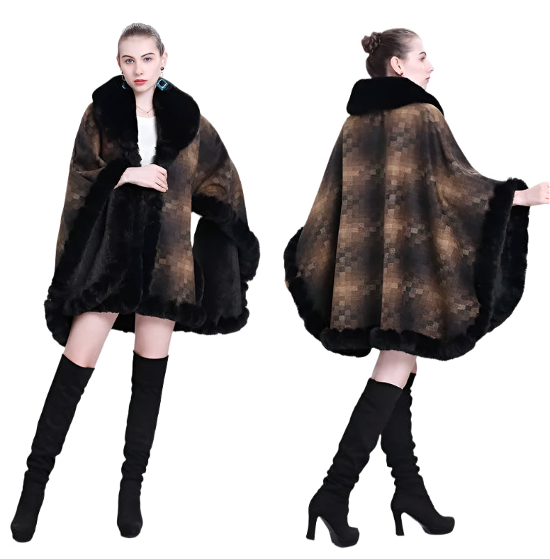 Women's Thicken Lining Woolen Faux Rabbit Fur Cloak Overcoat - Vintage Winter Cape - JVMCL