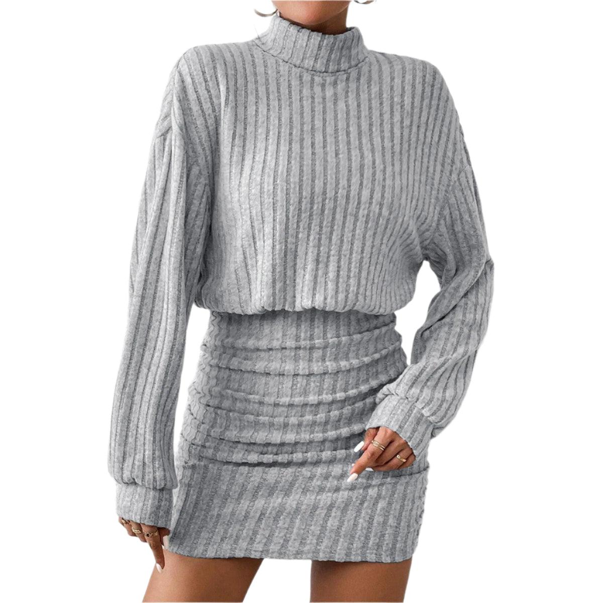 Knitted Pullover Mini Dress – Casual High Neck A-Line Dress with Lantern Sleeves - JVMCL