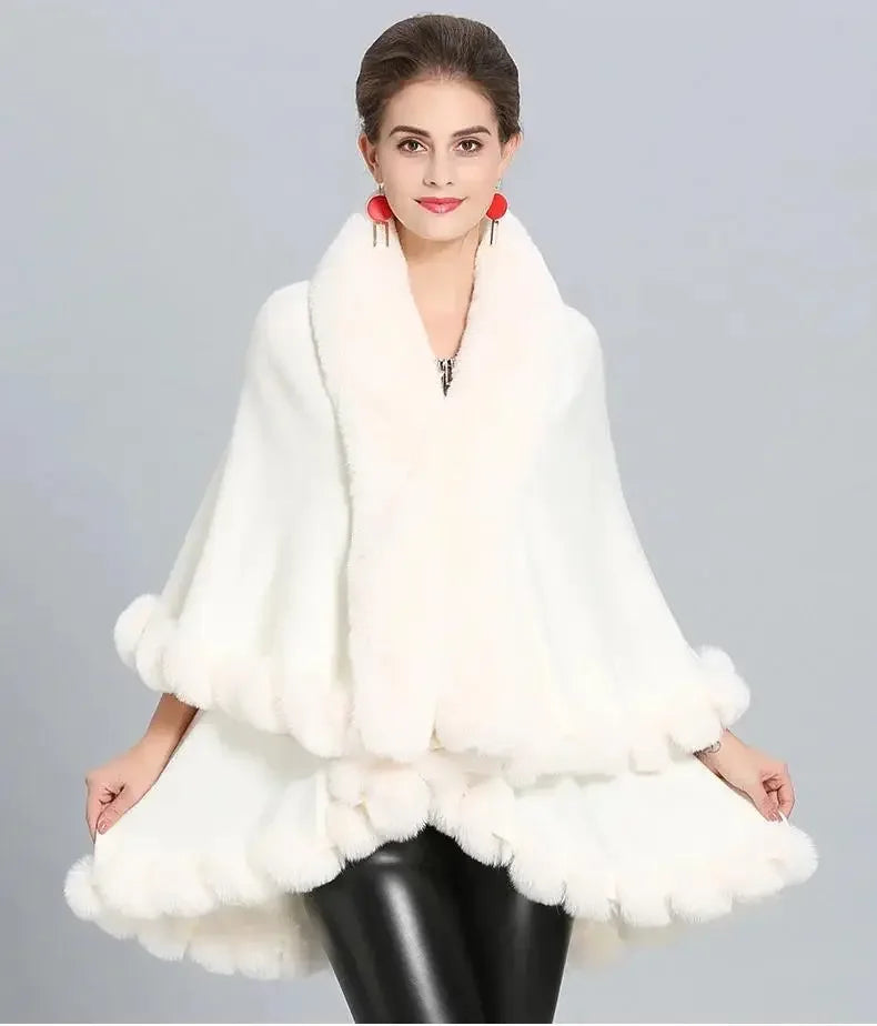 Women's Winter Knitted Poncho Cloak – Faux Rex Rabbit Fur Collar Pashmina Wrap