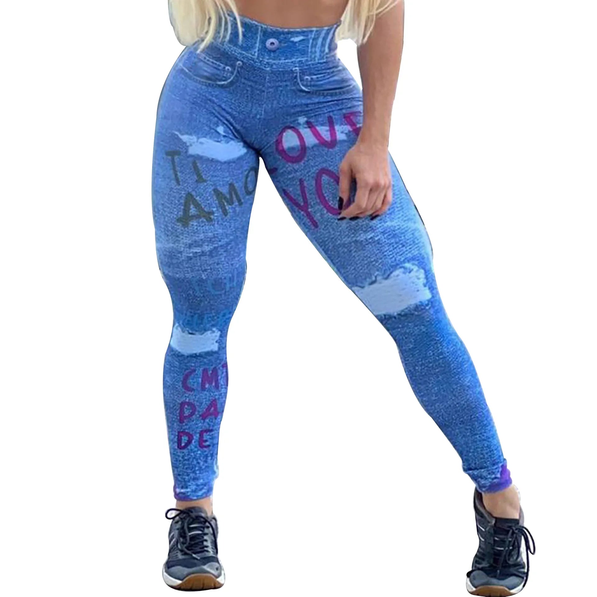 Zipper Denim Print High-Waist Push-Up Leggings – Stylish & Sporty Workout Tights - JVMCL